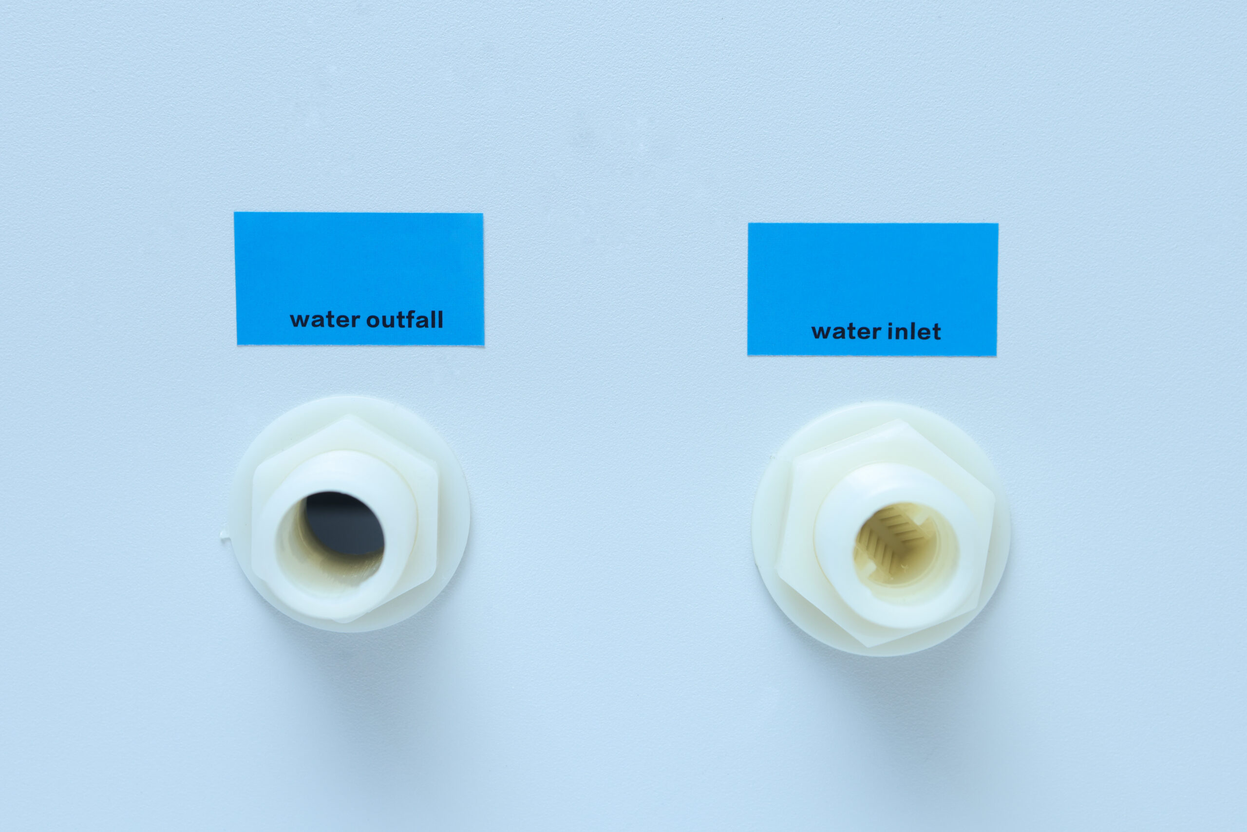 Industrial Heavy duty Ultrasonic Fogger 15L/H, Humidifier (AU 220V) 3 Two white water pipe fittings labelled water outfall and water inlet on a light grey background.