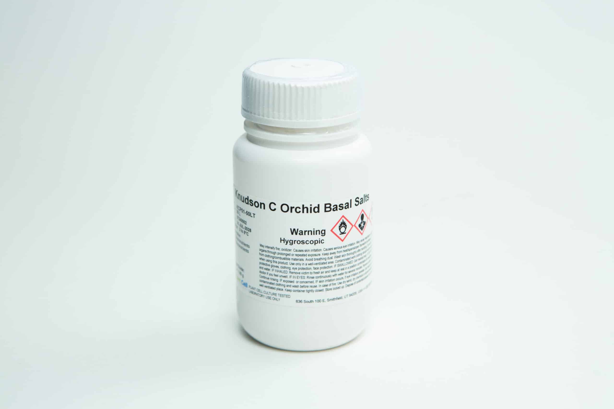 Plant Cell Knudson C Orchid Basal Salts - Orchid Germination Media | Makes 10L 2 White plastic bottle labelled Orchid Basal Salt, with warning symbols, on a plain white background.