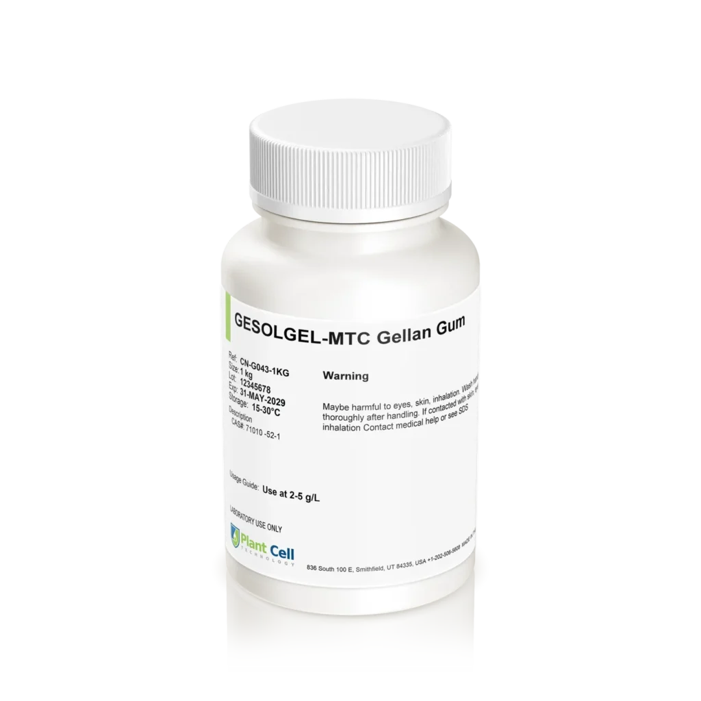 White plastic bottle labelled Plant cell Gesolgel-MTC-Gellan gum (High Acyl) 100g with warning text, on a white background. This high acyl gellan gum is designed for plant cell culture applications, providing clarity and consistency in various formulations.