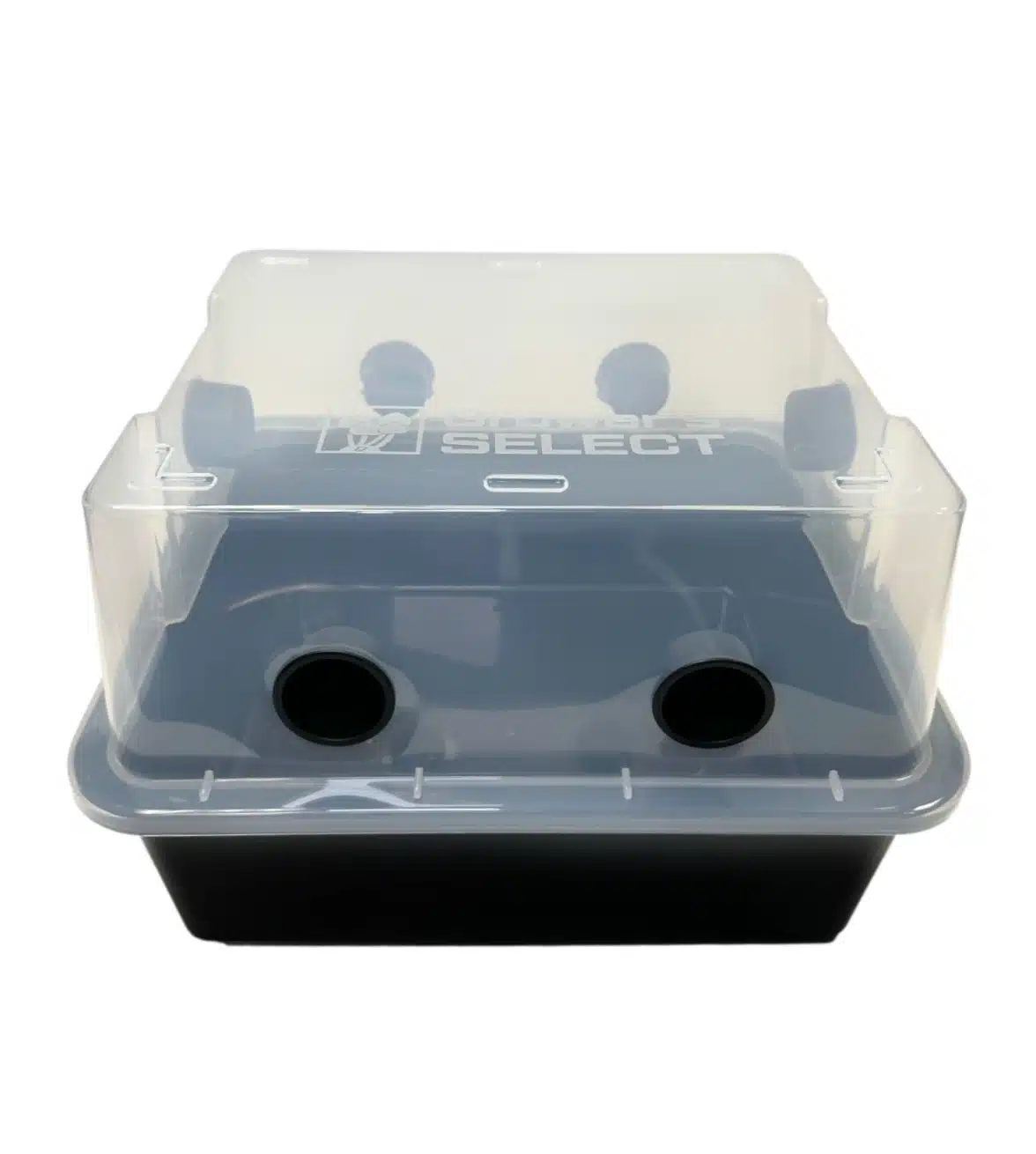 Mushroom Monotub Fruiting Chamber : Hard case 3 A plastic propagation tray with a clear domed lid and two circular vents on top, used for seed sowing.