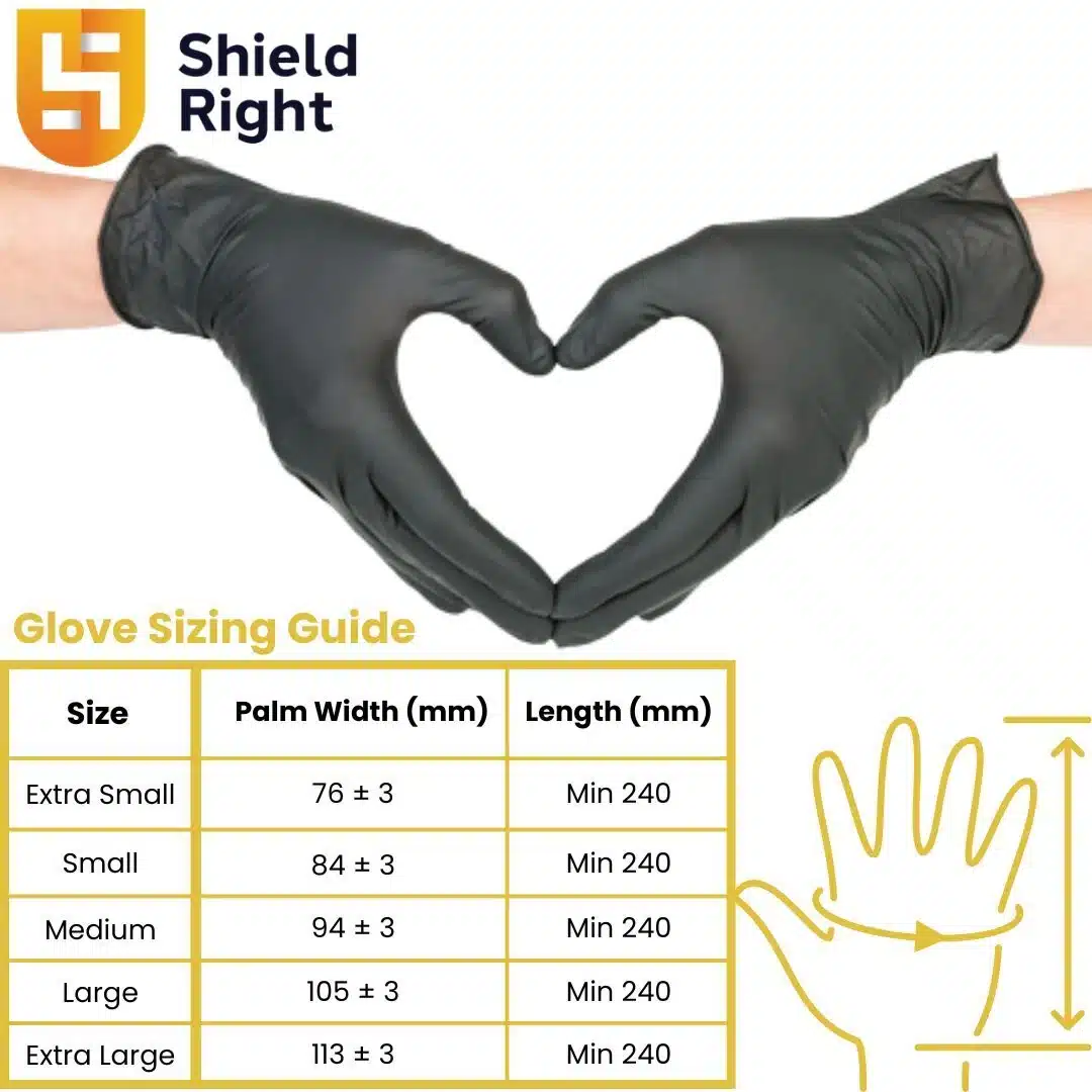 Shield Right, Black Nitrile Gloves - Heavy Duty, 6 Mil, Disposable, Food Safe, Medical Grade 89 Two gloved hands form a heart shape above a glove sizing chart and the Shield Right logo.