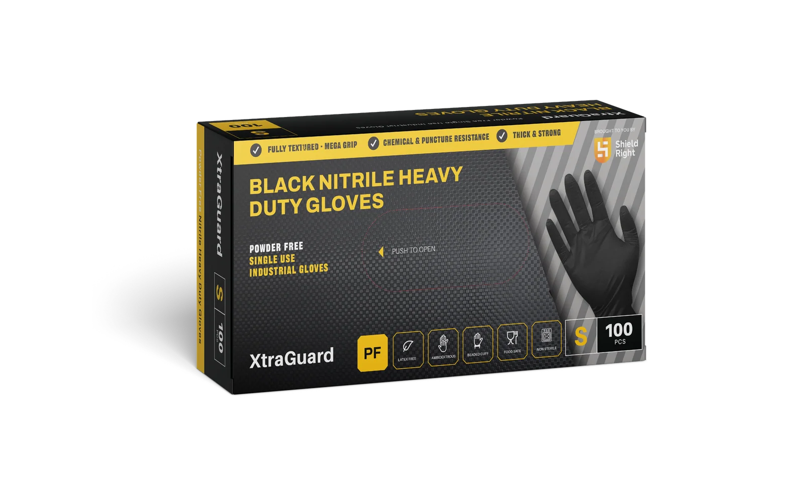 Shield Right, Black Nitrile Gloves - Heavy Duty, 6 Mil, Disposable, Food Safe, Medical Grade 87 Box of black nitrile heavy duty gloves, size small, 100 pieces, with a photo of a black glove on it.