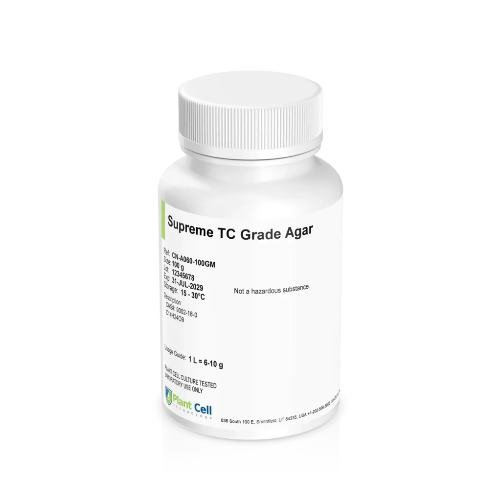Plant Cell Gesolgel-MTC-Gellan gum (Low Acyl) 100g comes in a white bottle labelled for laboratory or scientific use, featuring a low acyl formula.