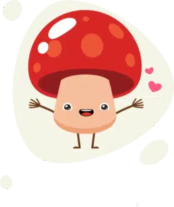 Smiling cartoon mushroom with outstretched arms and two pink hearts floating beside it, perfect for anyone passionate about mushroom farming equipment.