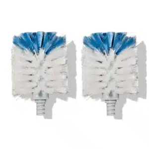 Two replacement brush heads with white and blue bristles, shown on a white background with shadows.