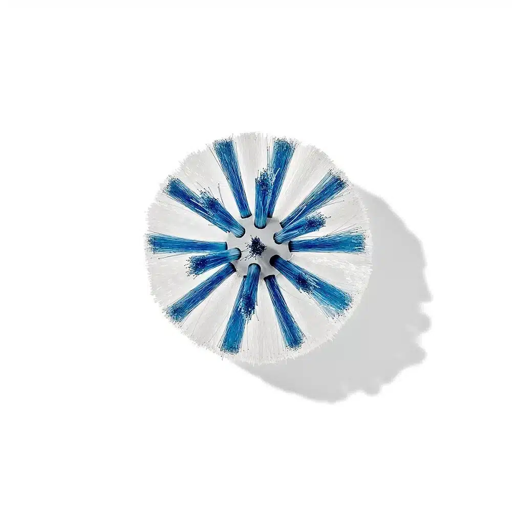 OXO Good Grips Bottle Brush replacement heads, 2 pack 2 Round white and blue scrubbing brush head viewed from above, casting a shadow on a white background.