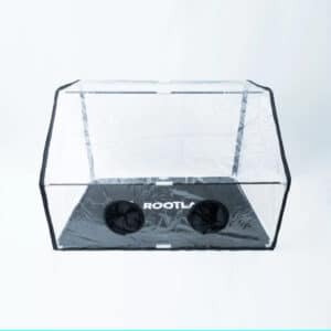 Mushroom Supplies in Sydney 84 Clear rectangular Rootlab Still Air Box with angled viewing window, two round vents, black base, white background.