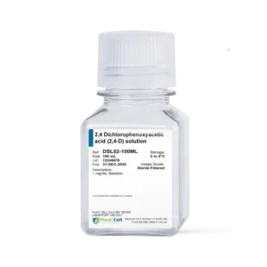 Clear plastic bottle labelled 2,4 Dichlorophenoxyacetic acid (2,4-D) solution with dosage and storage information.