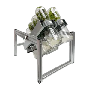 Metal rack holding multiple glass jars with green plants inside, all arranged at an angle to highlight the Plant Cell BioTiltโข 8 system for efficient plant cell cultivation.