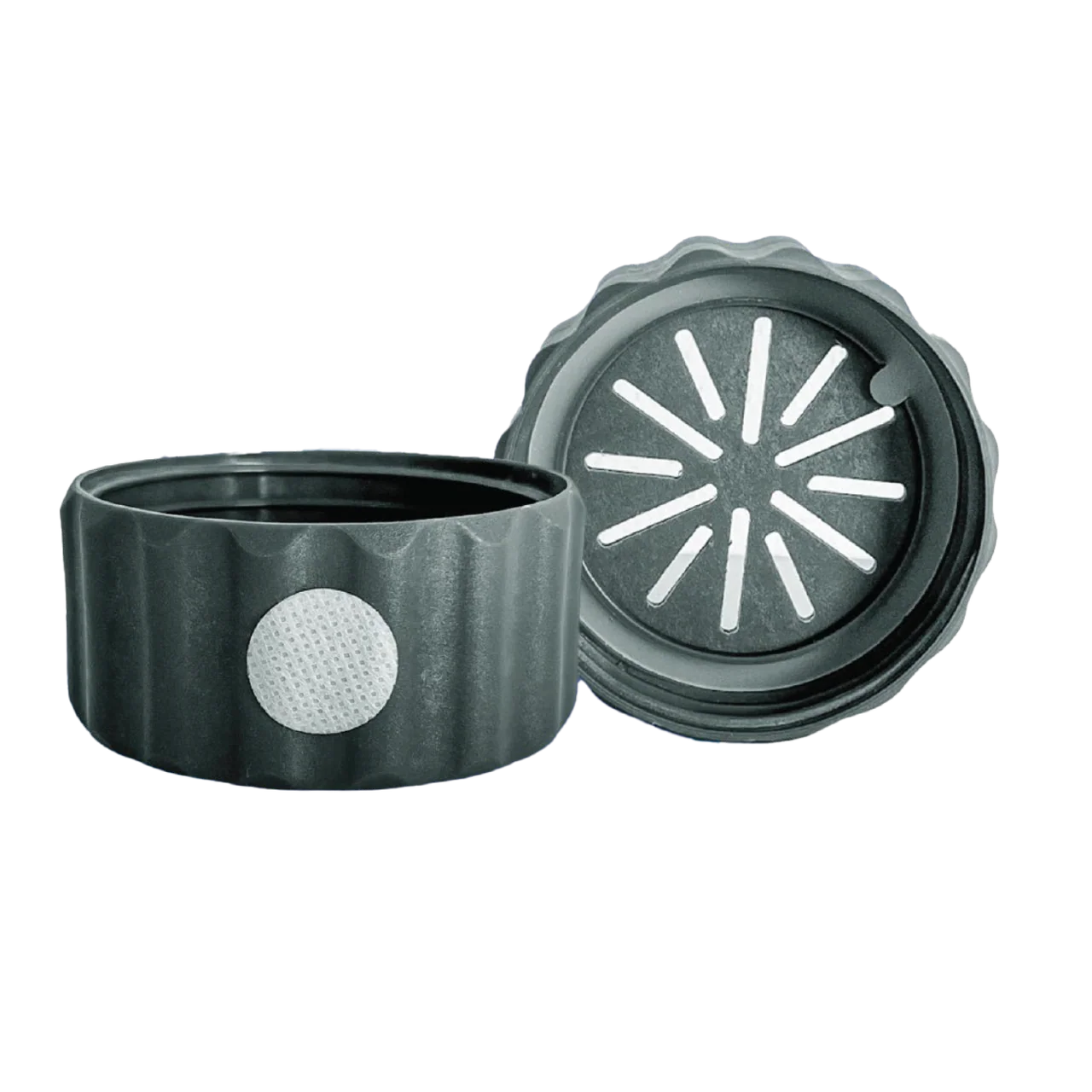 Plant Cell BioTilt™ 8 6 Two black plastic Plant Cell BioTilt™ 8 containers with textured sides, one open to reveal a slotted inner lid designed for plant cell applications, displayed on a white background.