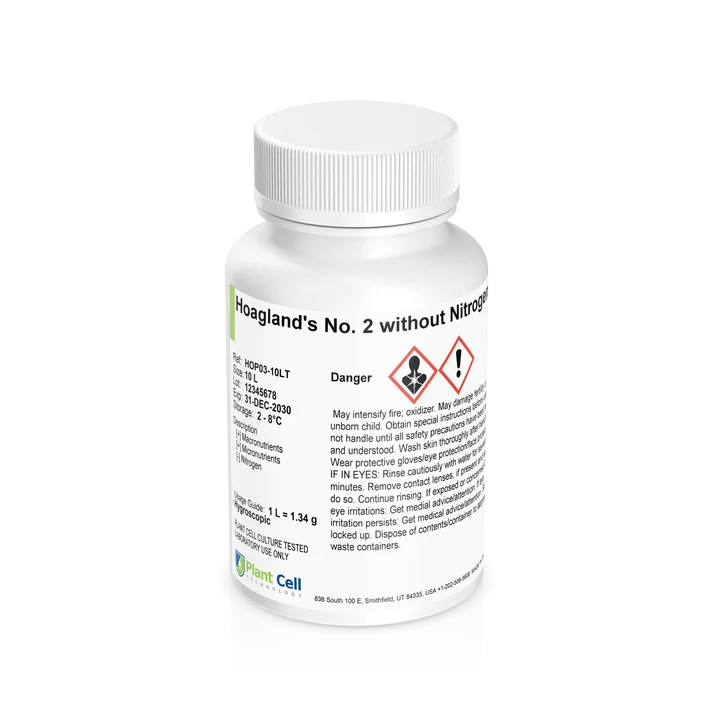 White bottle labelled Hoaglands No. 2 without Nitrogen with hazard symbols and detailed text on the label.
