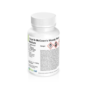 White bottle labelled Lloyd & McCowns Woody Plant Medium with hazard warning symbols and text.