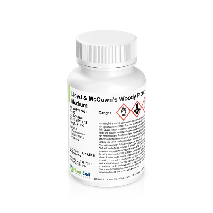 Plant Cell Lloyd & McCown's Woody Plant Basal Medium (WPM) - Modification 4 7 White bottle labelled Lloyd & McCowns Woody Plant Medium with hazard warning symbols and text.