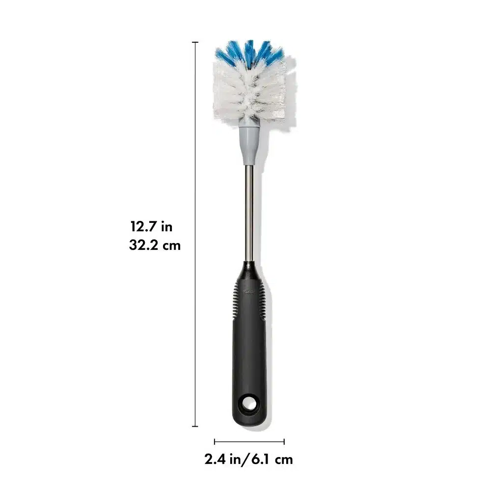 OXO Good Grip Stainless Steel Bottle Brush with replaceable head 5 A bottle brush with a black handle and measurements: 32.3 cm long, 6.1 cm wide.