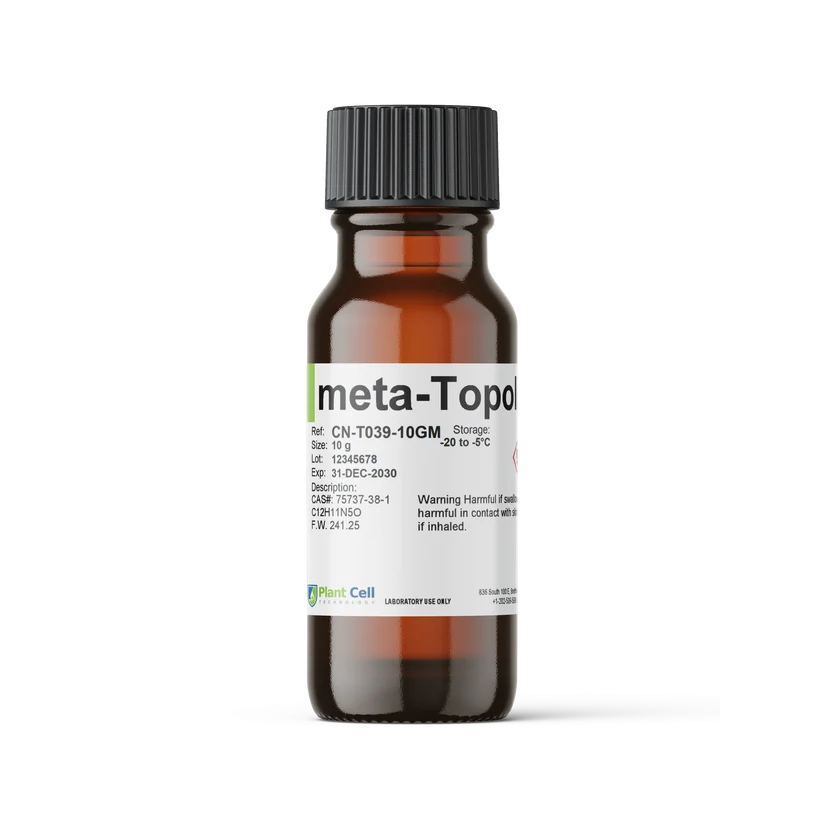 Plantcell meta-Topolin | 100mg 1 Brown glass bottle labelled meta-Topol with dosage, warnings, and storage details on a white background.