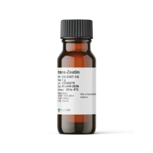 Brown glass bottle labelled trans-Zeatin with scientific details, white background.