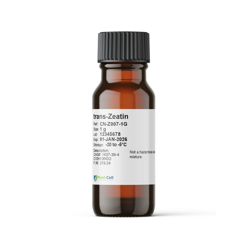 Plantcell Trans Zeatin | 100gms 1 Brown glass bottle labelled trans-Zeatin with scientific details, white background.