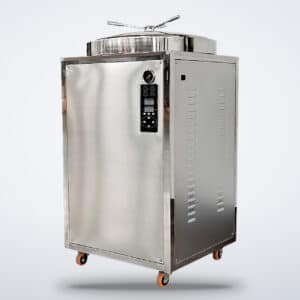 Vertical Autoclave 200 Litres (Automatic) | Commercial Use | 8kW with a circular lid, digital panel, and castor wheels.