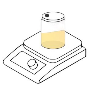 A jar with yellow liquid on a digital scale, viewed from an angle—perfect for showing how to make MEA mix in the microwave.