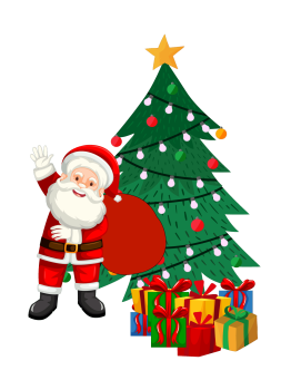 Father Christmas waving beside a decorated Christmas tree with colourful wrapped presents underneath.