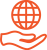 An orange outline of a hand holding a globe with grid lines, symbolising global care or support.